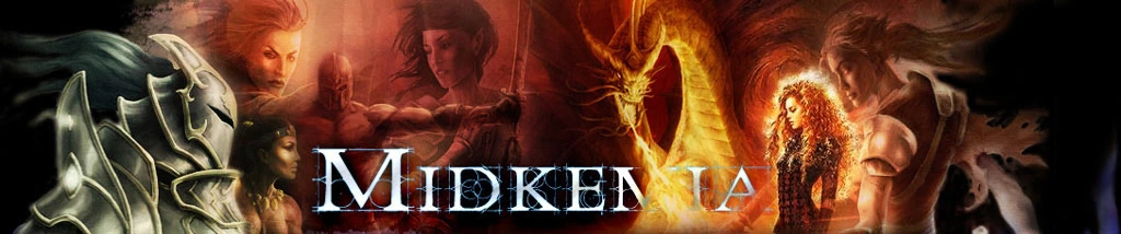 Původní banner Midkemie s fantasy postavami, zlatým drakem a stříbrným nápisem Midkemia